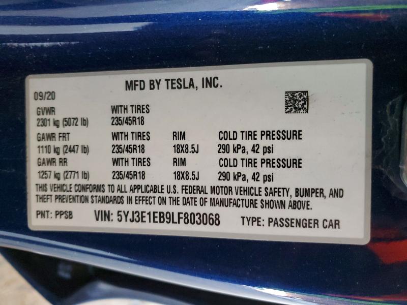 45489476 :رقم المزاد ، 5YJ3E1EB9LF803068 vin ، 2020 Tesla Model 3 مزاد بيع