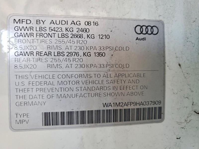 2017 Audi Q5 მანქანა იყიდება აუქციონზე, vin: WA1M2AFP9HA037909, აუქციონის ნომერი: 47126186