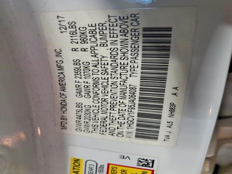 2018 Honda Accord მანქანა იყიდება აუქციონზე, vin: 1HGCV1F95JA064087, აუქციონის ნომერი: 46770376