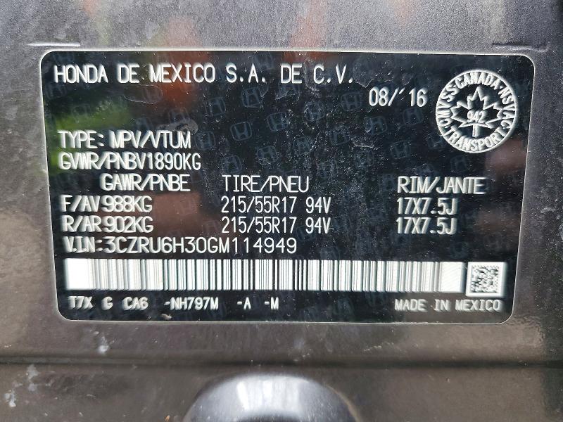 79790675 :رقم المزاد ، 3CZRU6H30GM114949 vin ، 2016 Honda Hr-v مزاد بيع