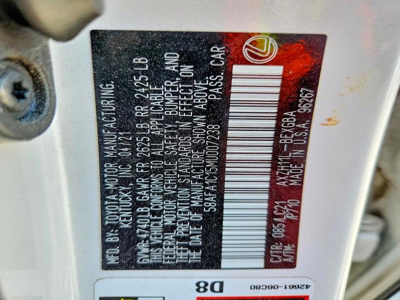 47101486 :رقم المزاد ، 58AFA1C15MU007238 vin ، 2021 Lexus Es 300h مزاد بيع
