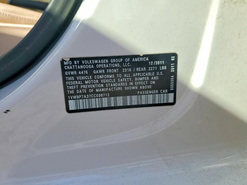 2012 Volkswagen Passat მანქანა იყიდება აუქციონზე, vin: 1VWBP7A37CC036712, აუქციონის ნომერი: 45448786