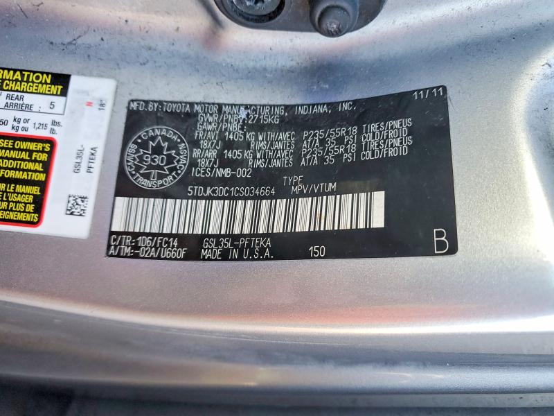 Aukcja sprzedaży 2012 Toyota Sienna, vin: 5TDJK3DC1CS034664, numer aukcji: 41760586