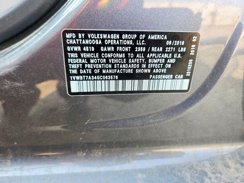 2016 Volkswagen Passat მანქანა იყიდება აუქციონზე, vin: 1VWBT7A34GC063576, აუქციონის ნომერი: 45705646