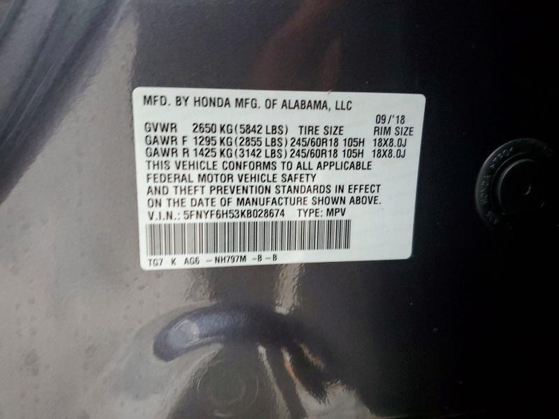 78520485 :رقم المزاد ، 5FNYF6H53KB028674 vin ، 2019 Honda Pilot مزاد بيع