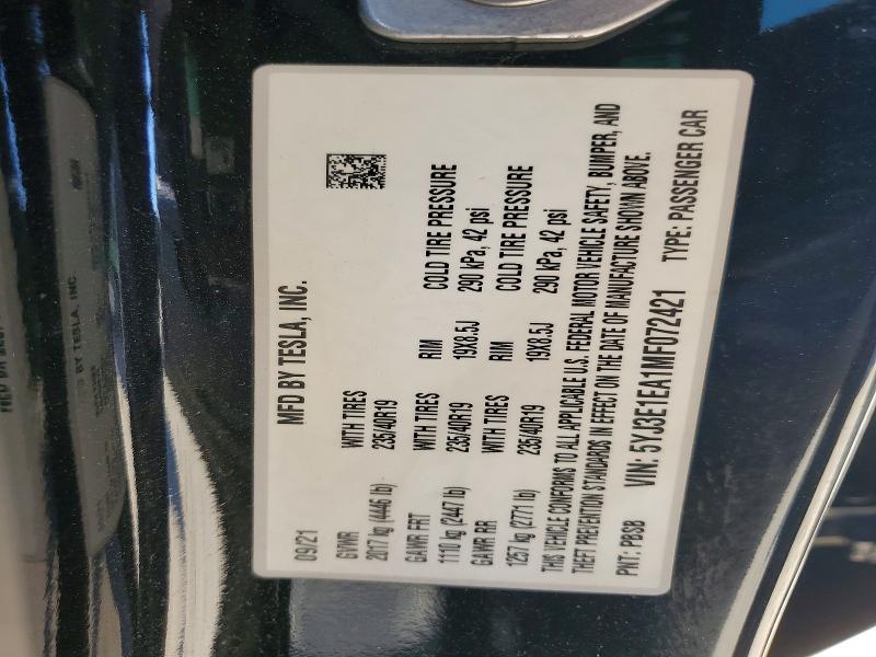 2021 Tesla Model 3 მანქანა იყიდება აუქციონზე, vin: 5YJ3E1EA1MF072421, აუქციონის ნომერი: 46913586