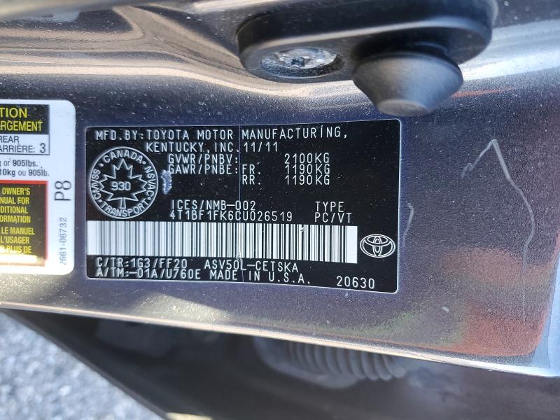 Продажа на аукционе авто 2012 Toyota Camry, vin: 4T1BF1FK6CU026519, номер лота: 46334006