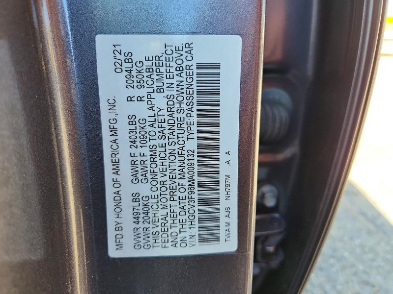 Продаж на аукціоні авто 2021 Honda Accord, vin: 1HGCV3F96MA009132, номер лоту: 46590116