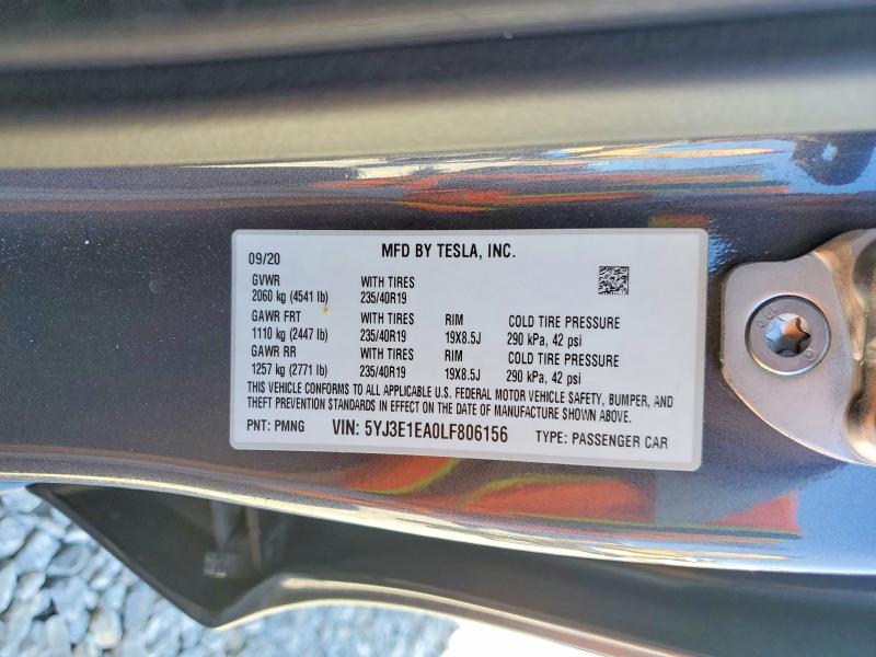 2020 Tesla Model 3 მანქანა იყიდება აუქციონზე, vin: 5YJ3E1EA0LF806156, აუქციონის ნომერი: 46137966