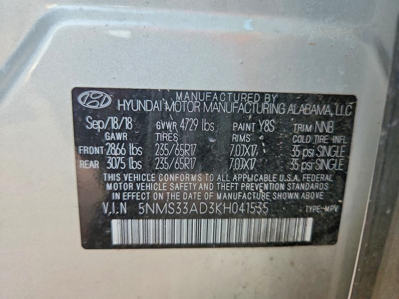Aukcja sprzedaży 2019 Hyundai Santa Fe, vin: 5NMS33AD3KH041535, numer aukcji: 48356886