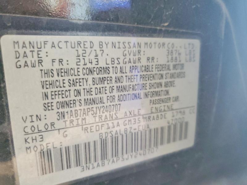 2018 Nissan Sentra მანქანა იყიდება აუქციონზე, vin: 3N1AB7AP5JY240707, აუქციონის ნომერი: 75910075