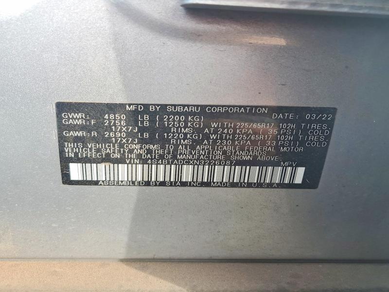 46326686 :رقم المزاد ، 4S4BTADCXN3226087 vin ، 2022 Subaru Outback مزاد بيع