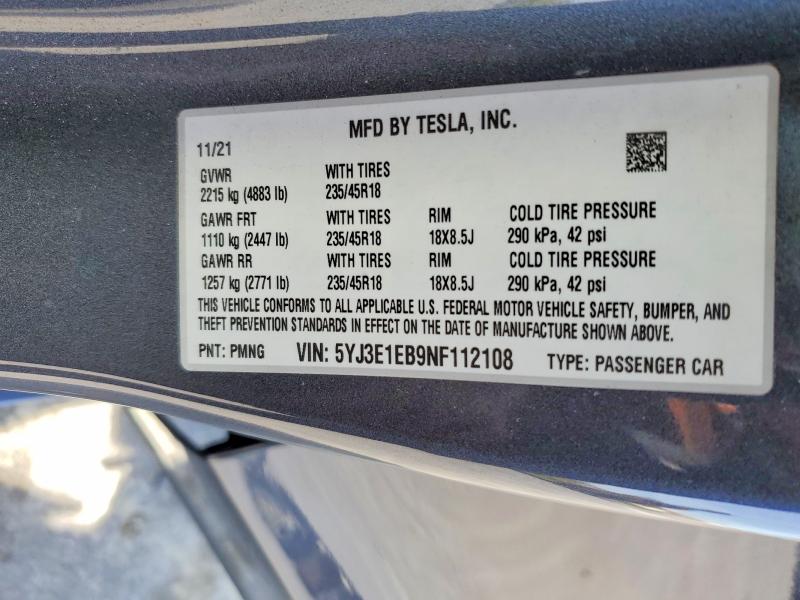2022 Tesla Model 3 მანქანა იყიდება აუქციონზე, vin: 5YJ3E1EB9NF112108, აუქციონის ნომერი: 47579516