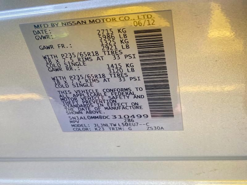 46560906 :رقم المزاد ، 5N1AL0MM8DC310499 vin ، 2013 Infiniti Jx35 مزاد بيع