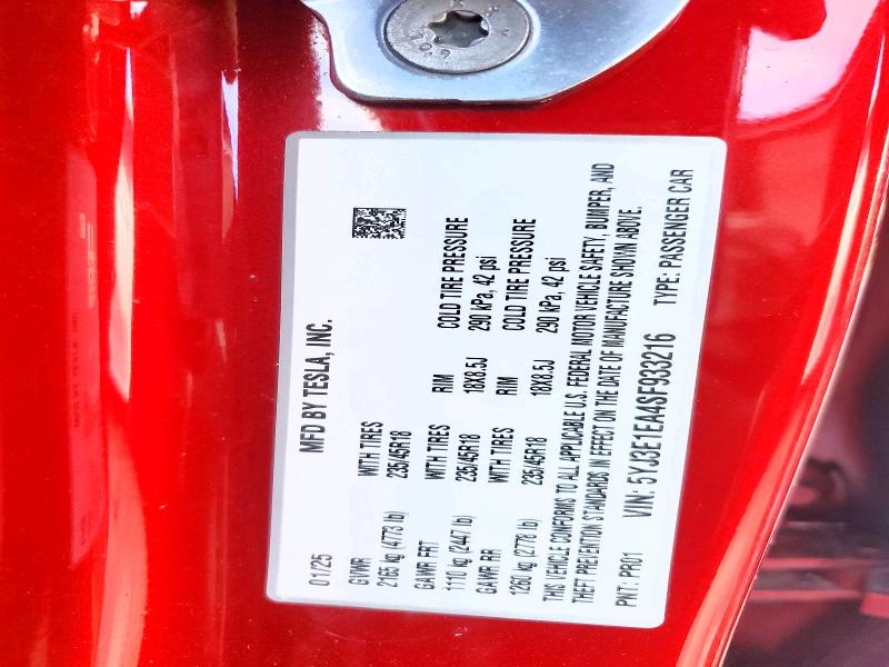 2025 Tesla Model 3 მანქანა იყიდება აუქციონზე, vin: 5YJ3E1EA4SF933216, აუქციონის ნომერი: 79789825