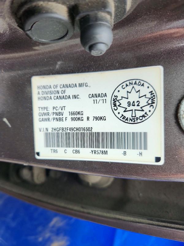 79767875 :رقم المزاد ، 2HGFB2F49CH016502 vin ، 2012 Honda Civic مزاد بيع
