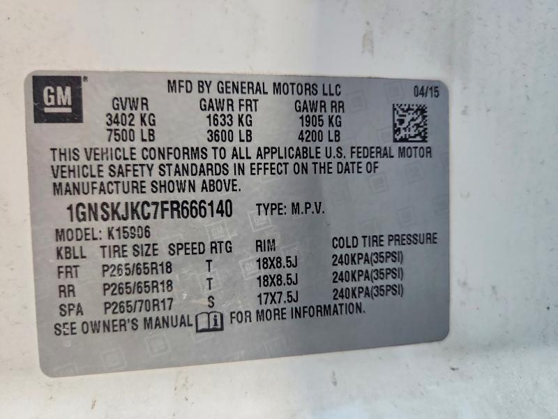 Продажа на аукционе авто 2015 Chevrolet Suburban, vin: 1GNSKJKC7FR666140, номер лота: 45454706