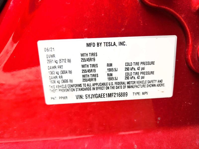 Aukcja sprzedaży 2021 Tesla Model Y, vin: 5YJYGAEE1MF216889, numer aukcji: 47905116