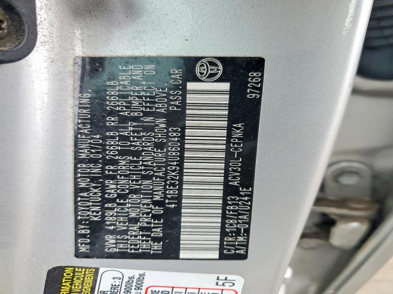 2004 Toyota Camry მანქანა იყიდება აუქციონზე, vin: 4T1BE32K94U860483, აუქციონის ნომერი: 47524336