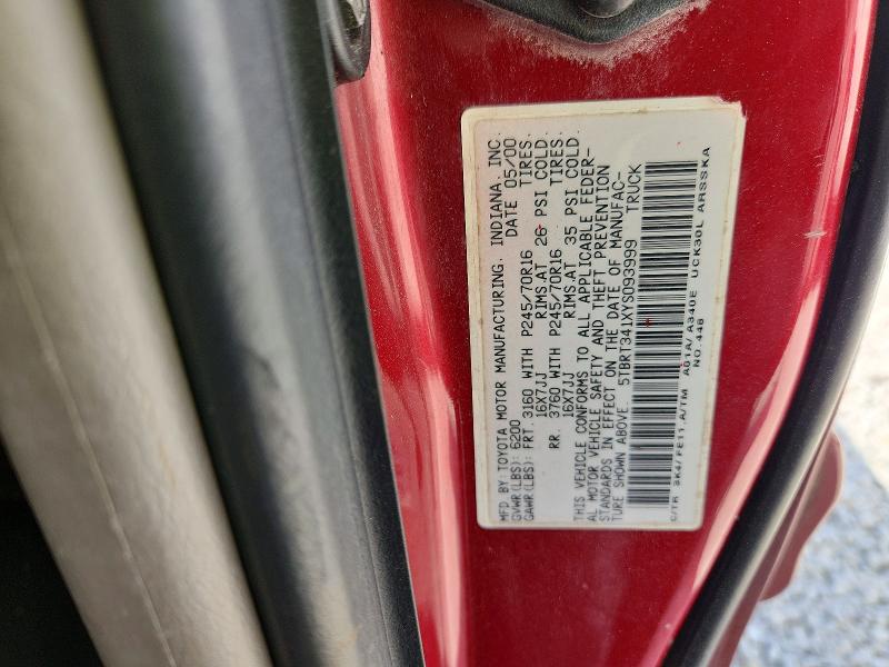 2000 Toyota Tundra მანქანა იყიდება აუქციონზე, vin: 5TBRT341XYS093999, აუქციონის ნომერი: 48266916