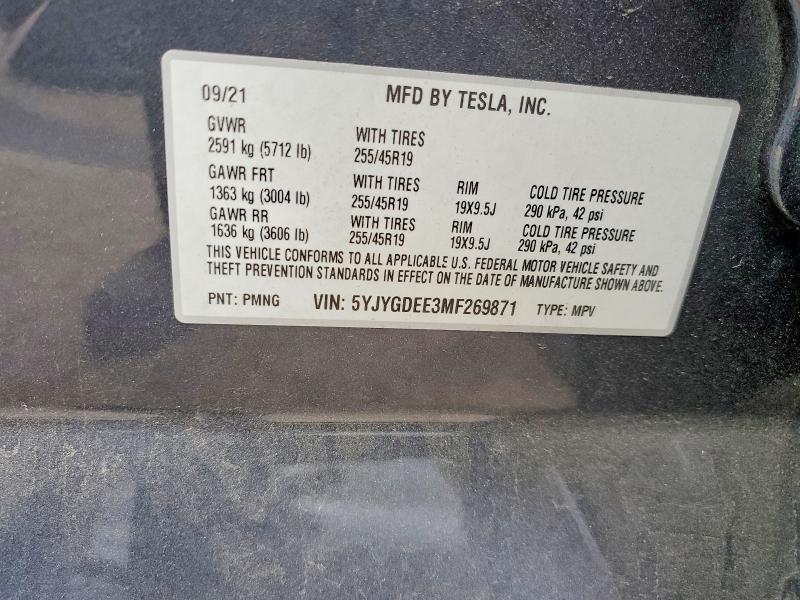 48078346 :رقم المزاد ، 5YJYGDEE3MF269871 vin ، 2021 Tesla Model Y مزاد بيع