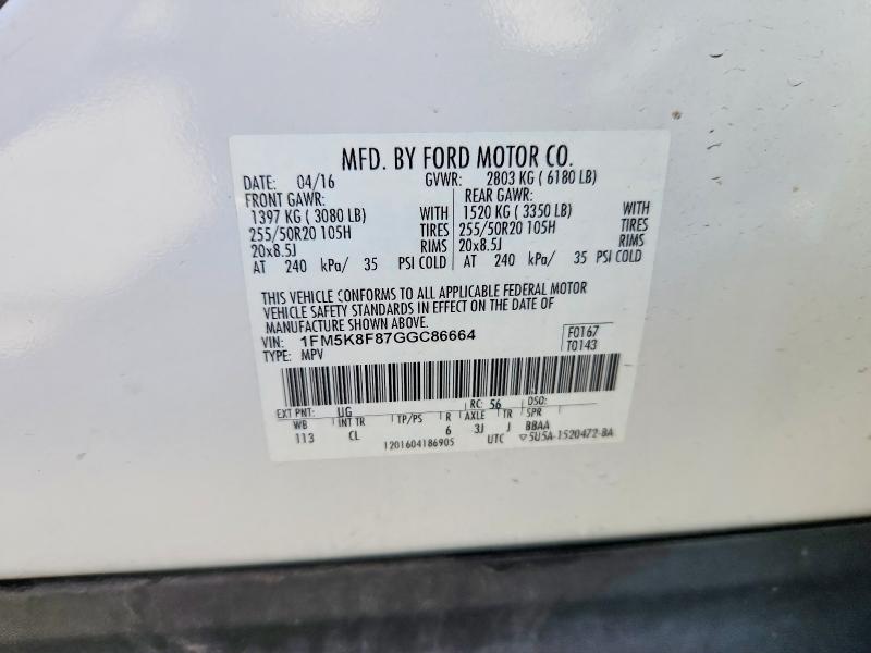 2016 Ford Explorer მანქანა იყიდება აუქციონზე, vin: 1FM5K8F87GGC86664, აუქციონის ნომერი: 46230196