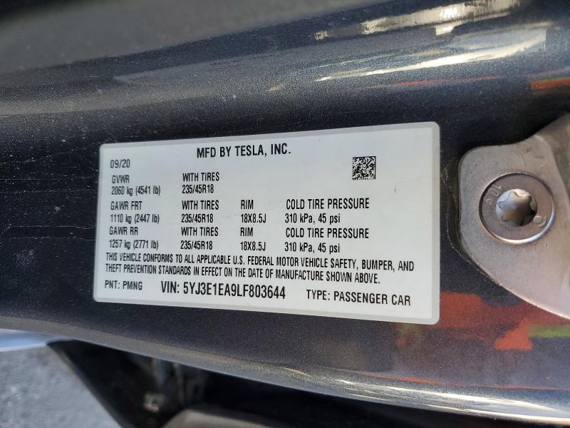 41945146 :رقم المزاد ، 5YJ3E1EA9LF803644 vin ، 2020 Tesla Model 3 مزاد بيع