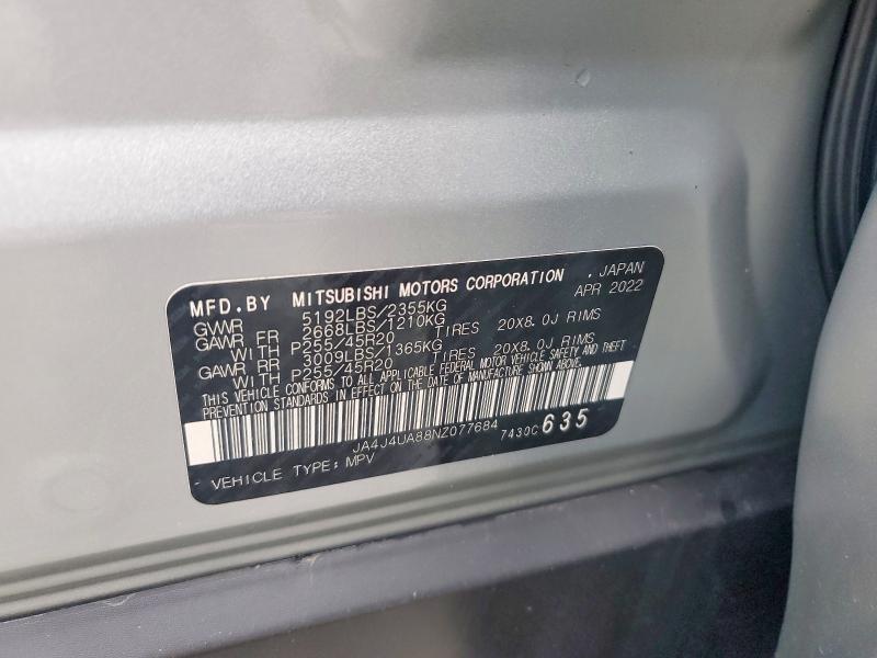 47951316 :رقم المزاد ، JA4J4UA88NZ077684 vin ، 2022 Mitsubishi Outlander مزاد بيع