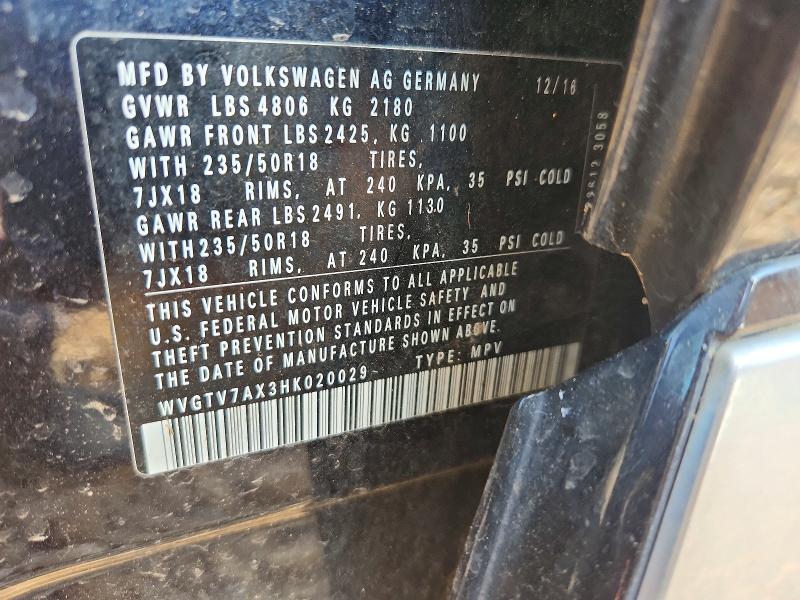 47575566 :رقم المزاد ، WVGTV7AX3HK020029 vin ، 2017 Volkswagen Tiguan مزاد بيع