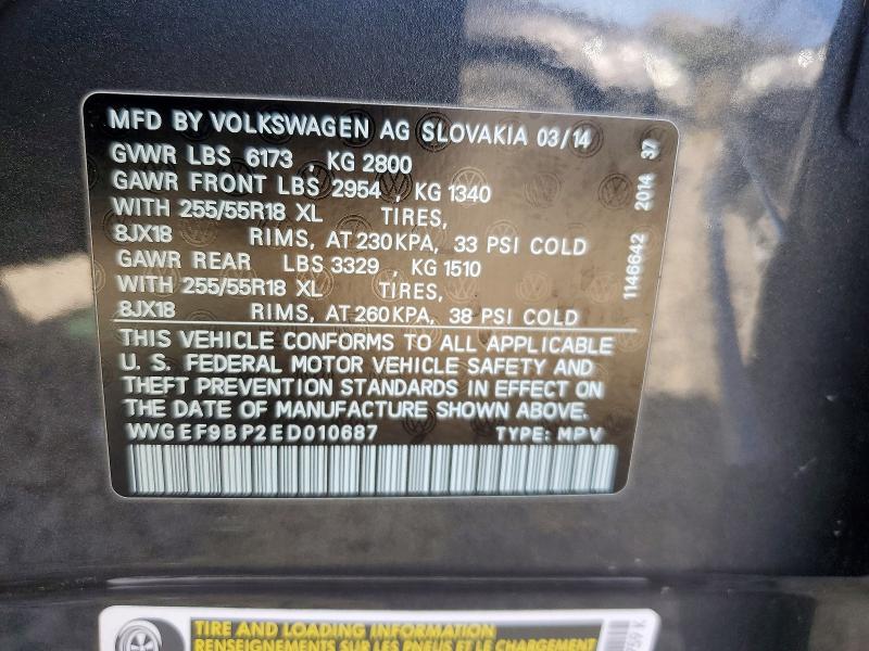 46917066 :رقم المزاد ، WVGEF9BP2ED010687 vin ، 2014 Volkswagen Touareg مزاد بيع