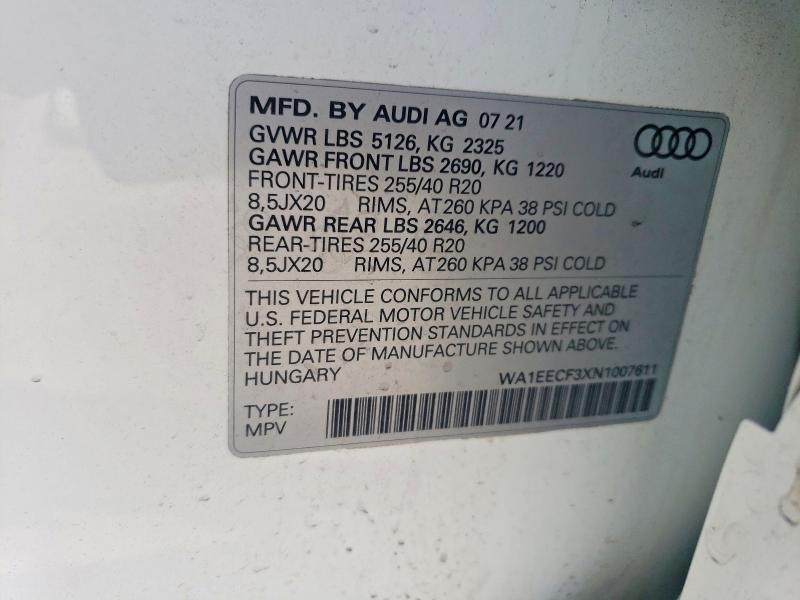 79554325 :رقم المزاد ، WA1EECF3XN1007611 vin ، 2022 Audi Q3 مزاد بيع