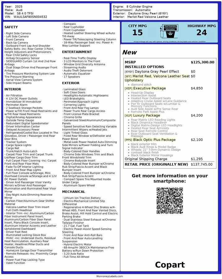 Aukcja sprzedaży 2025 Audi S8, vin: WAULSAF80SN004532, numer aukcji: 47108686