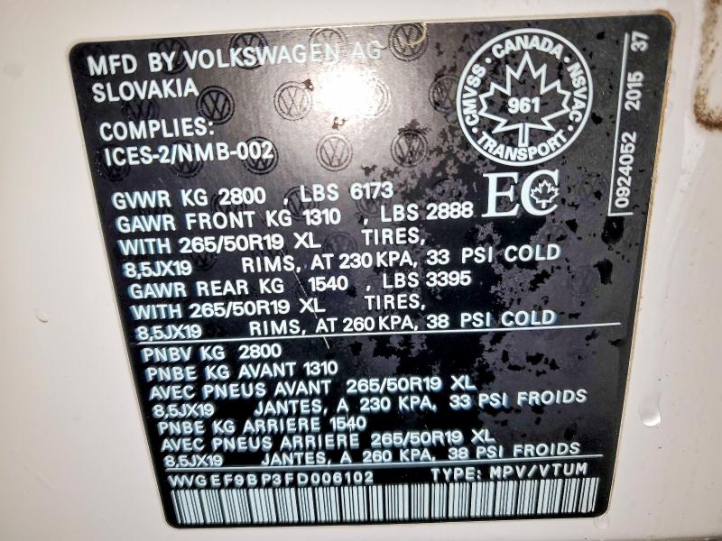Aukcja sprzedaży 2015 Volkswagen Touareg, vin: WVGEF9BP3FD006102, numer aukcji: 74869935
