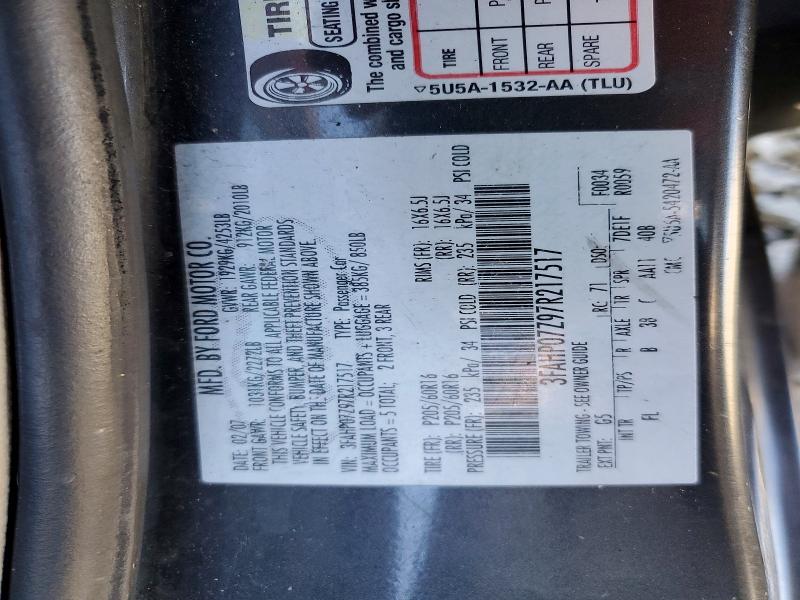 2007 Ford Fusion მანქანა იყიდება აუქციონზე, vin: 3FAHP07Z97R217517, აუქციონის ნომერი: 46470366
