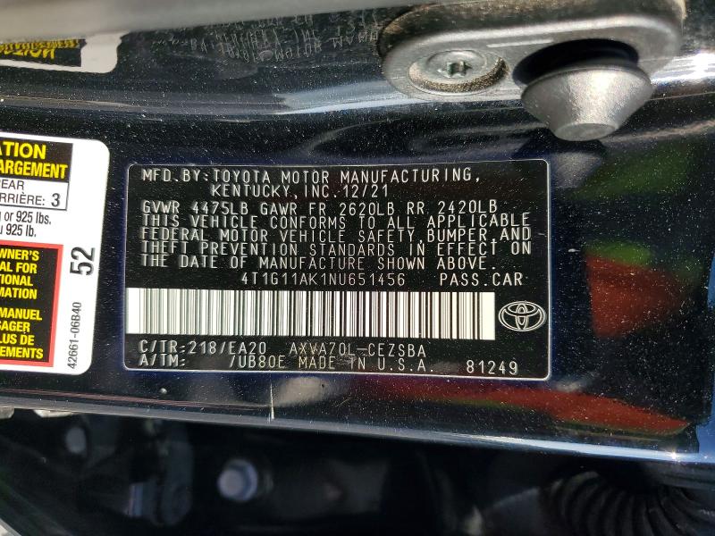 Продажа на аукционе авто 2022 Toyota Camry, vin: 4T1G11AK1NU651456, номер лота: 47643636