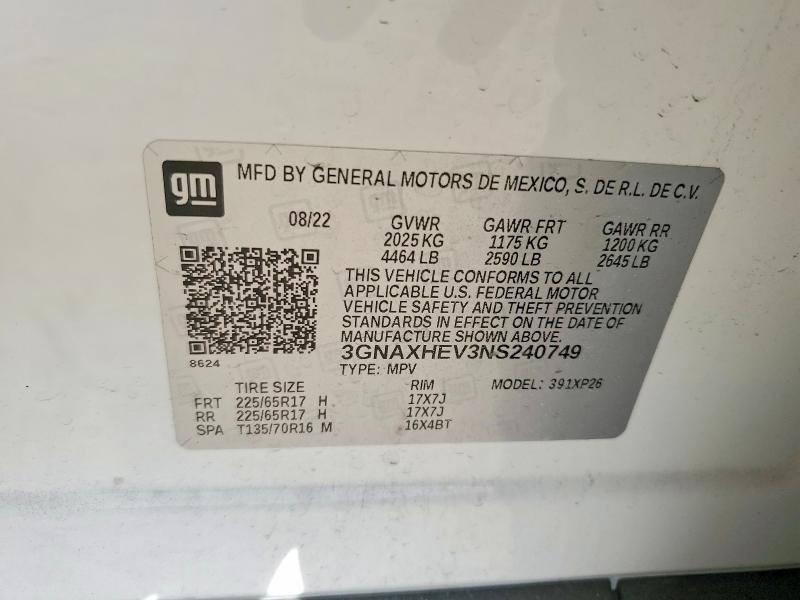 2022 Chevrolet Equinox მანქანა იყიდება აუქციონზე, vin: 3GNAXHEV3NS240749, აუქციონის ნომერი: 46143246