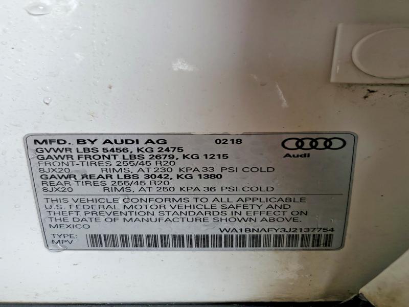 2018 Audi Q5 მანქანა იყიდება აუქციონზე, vin: WA1BNAFY3J2137754, აუქციონის ნომერი: 45582586