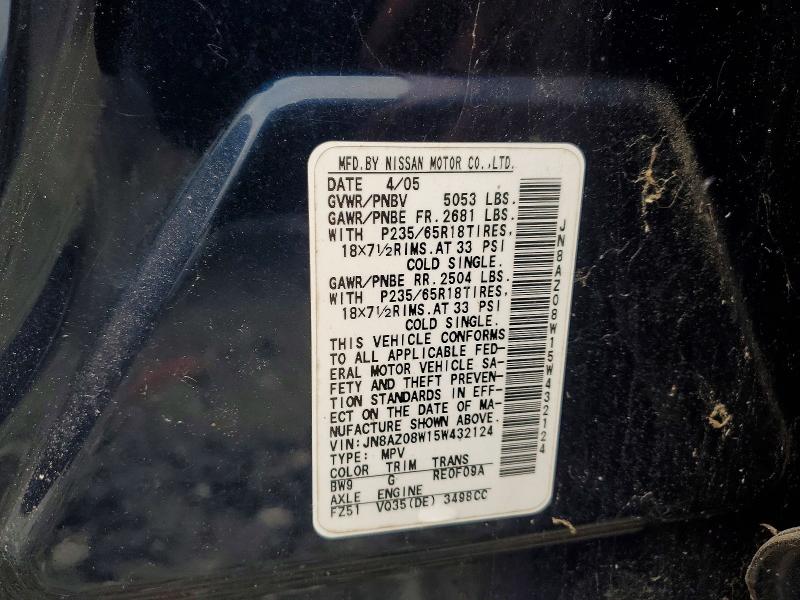 2005 Nissan Murano მანქანა იყიდება აუქციონზე, vin: JN8AZ08W15W432124, აუქციონის ნომერი: 45592016
