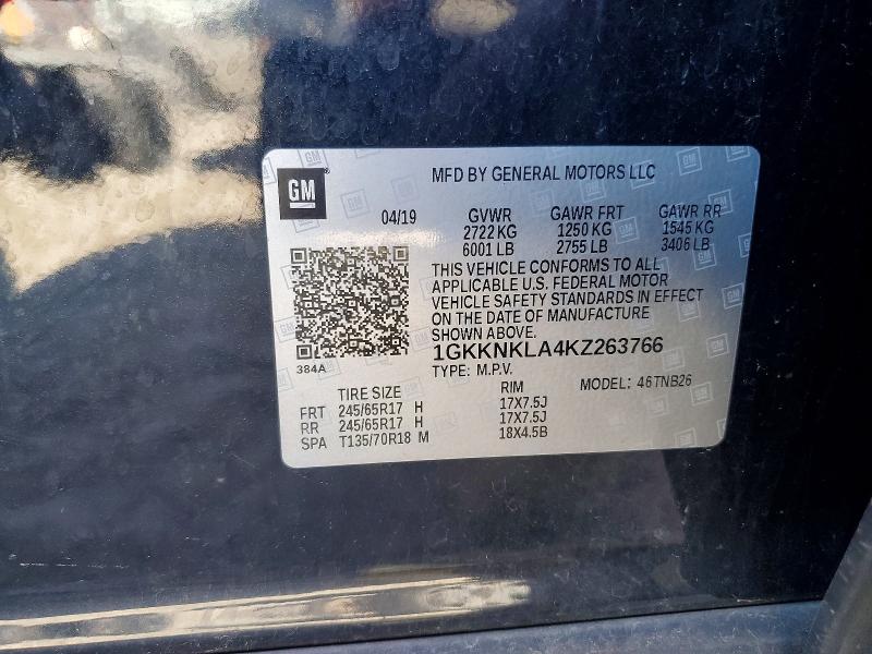 46304166 :رقم المزاد ، 1GKKNKLA4KZ263766 vin ، 2019 Gmc Acadia مزاد بيع