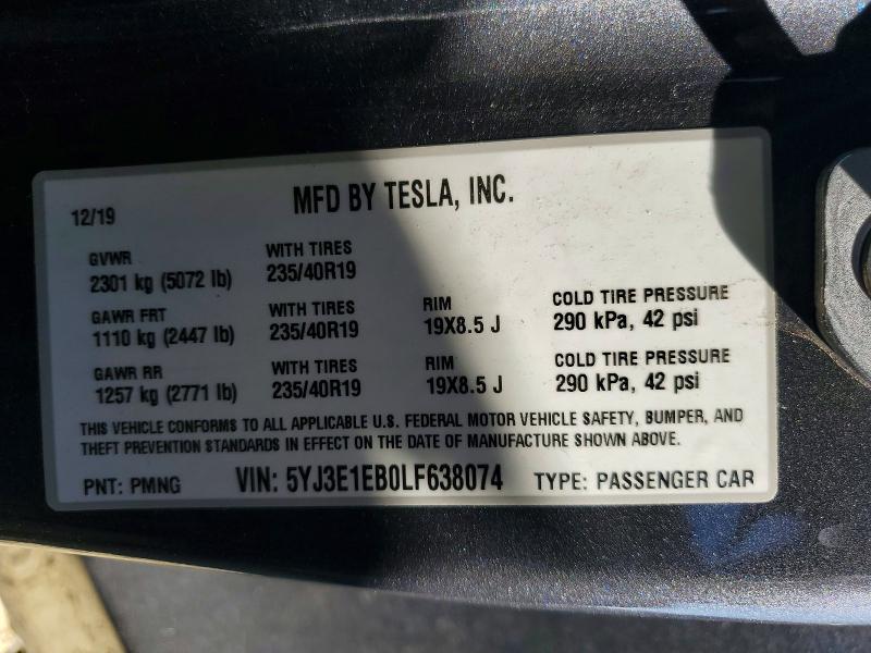 79821405 :رقم المزاد ، 5YJ3E1EB0LF638074 vin ، 2020 Tesla Model 3 مزاد بيع