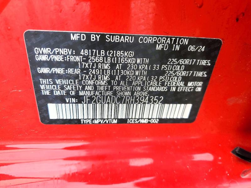 2024 Subaru Crosstrek მანქანა იყიდება აუქციონზე, vin: JF2GUADC7RH394352, აუქციონის ნომერი: 41609226