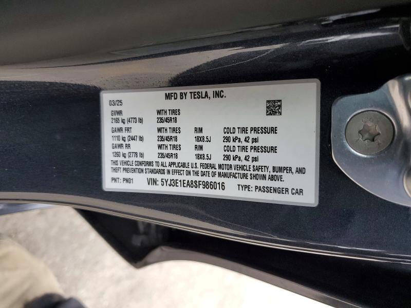 Продажа на аукционе авто 2025 Tesla Model 3, vin: 5YJ3E1EA8SF986016, номер лота: 47560956