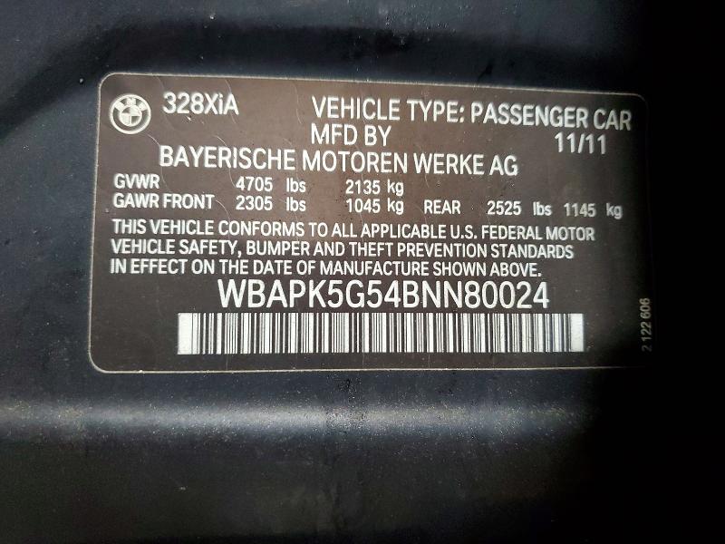 47305876 :رقم المزاد ، WBAPK5G54BNN80024 vin ، 2011 Bmw 328 مزاد بيع