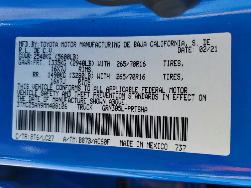 41606036 :رقم المزاد ، 3TMCZ5AN9MM408106 vin ، 2021 Toyota Tacoma مزاد بيع