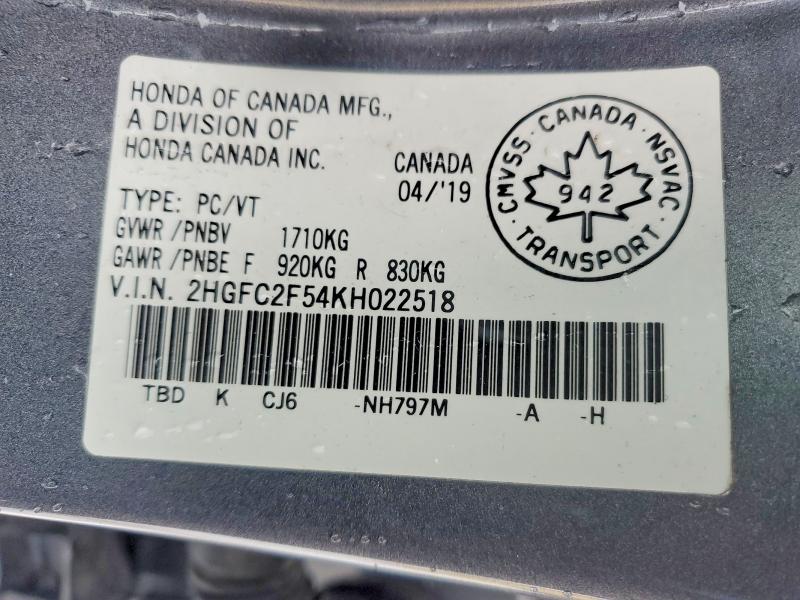 2019 Honda Civic მანქანა იყიდება აუქციონზე, vin: 2HGFC2F54KH022518, აუქციონის ნომერი: 46020056