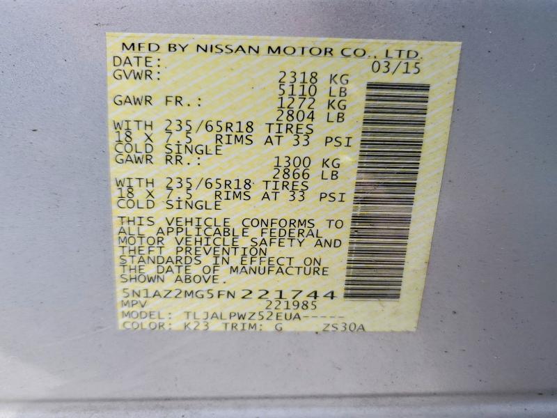 47191996 :رقم المزاد ، 5N1AZ2MG5FN221744 vin ، 2015 Nissan Murano مزاد بيع