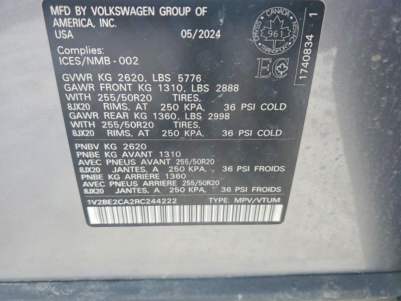 47062126 :رقم المزاد ، 1V2BE2CA2RC244222 vin ، 2024 Volkswagen Atlas Cross Sport مزاد بيع