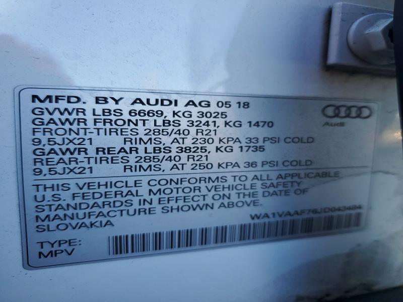 Продажа на аукционе авто 2018 Audi Q7, vin: WA1VAAF76JD043484, номер лота: 46499426