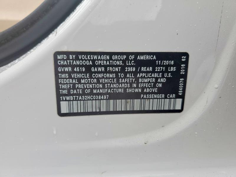 Продажа на аукционе авто 2017 Volkswagen Passat, vin: 1VWBT7A32HC038497, номер лота: 47005126