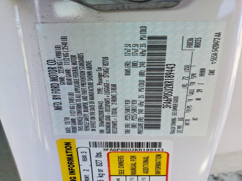 Продаж на аукціоні авто 2019 Ford Fusion, vin: 3FA6P0SU2KR189443, номер лоту: 47643656